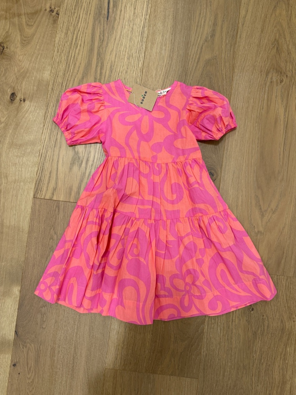 Mini Boden Pink & Coral Swirl Puff Sleeve Dress